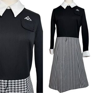 Vintage 70's Union Made Black White Mod Checkered Long Sleeve Collar Dress
